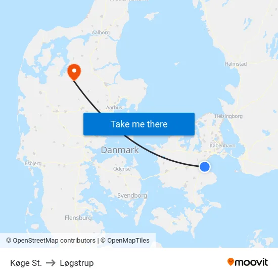 Køge St. to Løgstrup map