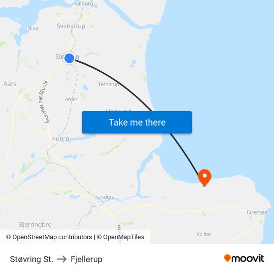Støvring St. to Fjellerup map