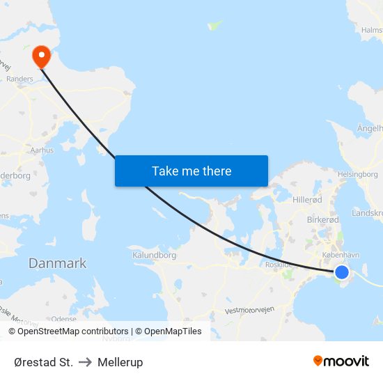 Ørestad St. to Mellerup map