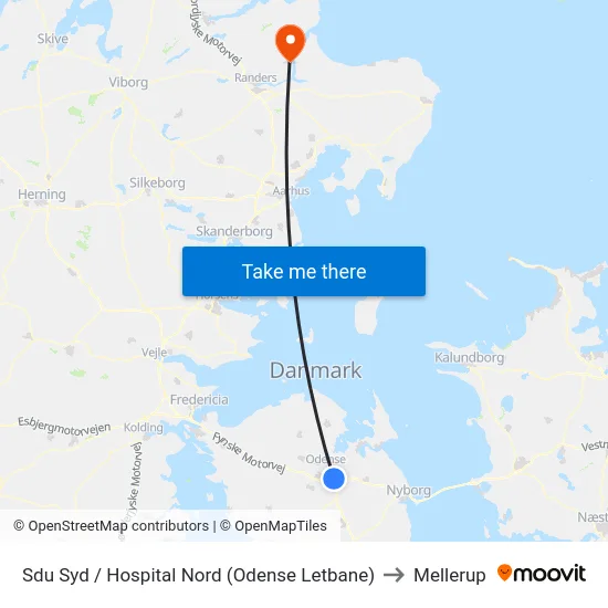 Sdu Syd / Hospital Nord (Odense Letbane) to Mellerup map