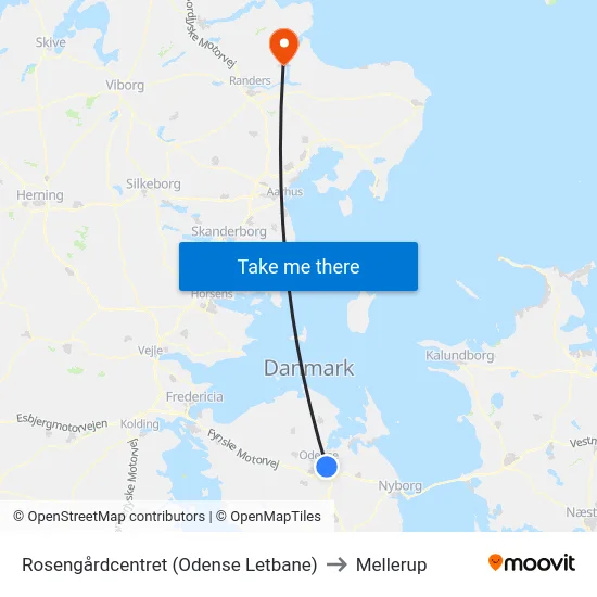 Rosengårdcentret (Odense Letbane) to Mellerup map