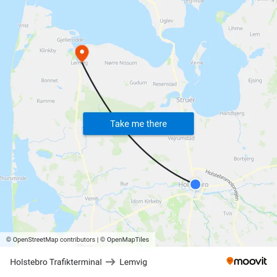 Holstebro Trafikterminal to Lemvig map