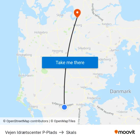 Vejen Idrætscenter P-Plads to Skals map