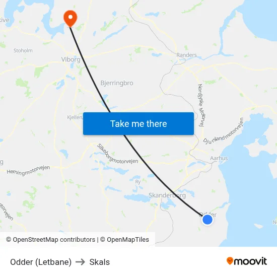 Odder (Letbane) to Skals map