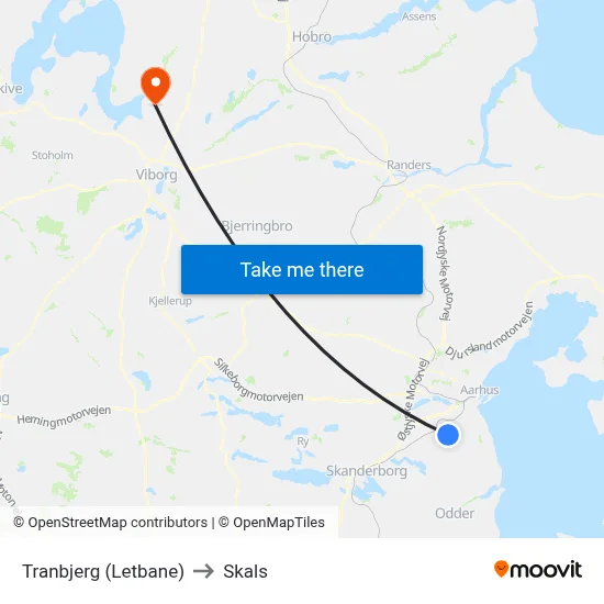 Tranbjerg (Letbane) to Skals map