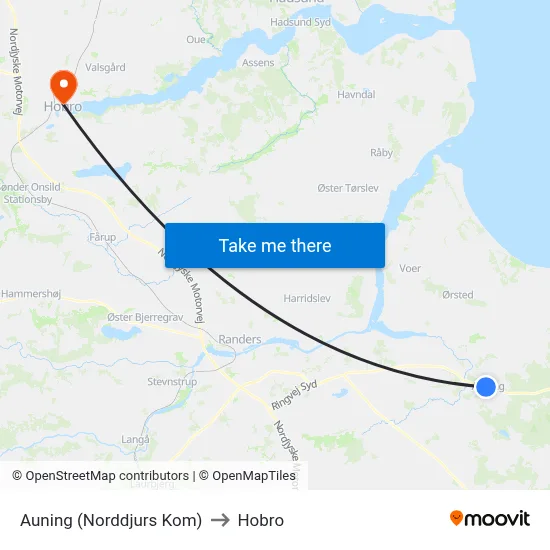 Auning (Norddjurs Kom) to Hobro map