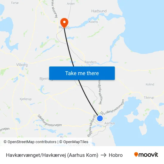 Havkærvænget/Havkærvej (Aarhus Kom) to Hobro map