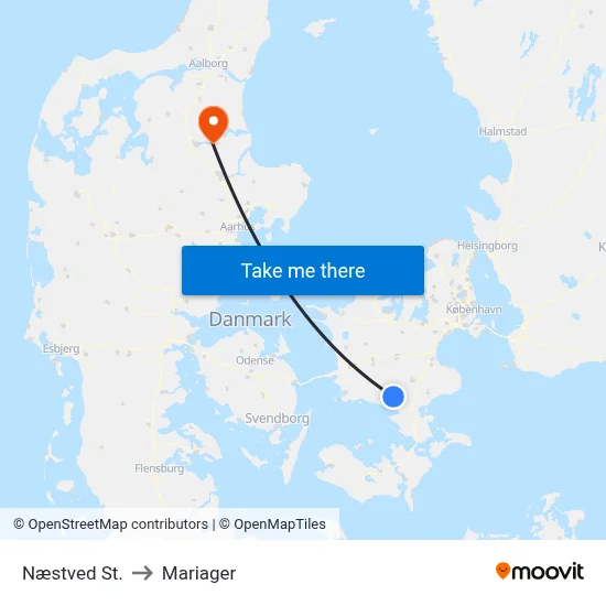Næstved St. to Mariager map