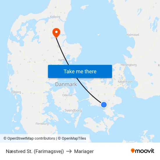 Næstved St. (Farimagsvej) to Mariager map