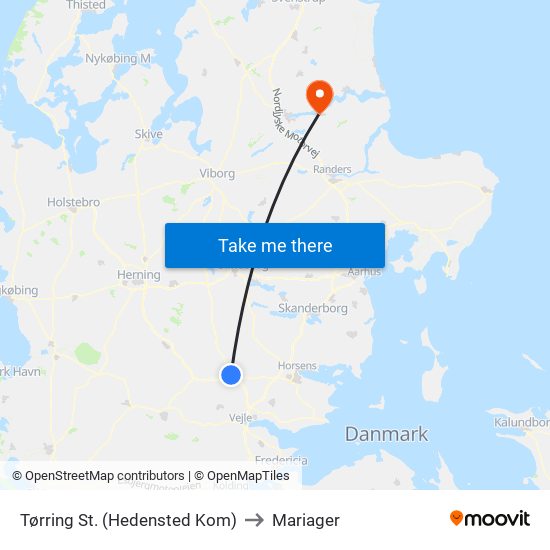 Tørring St. (Hedensted Kom) to Mariager map