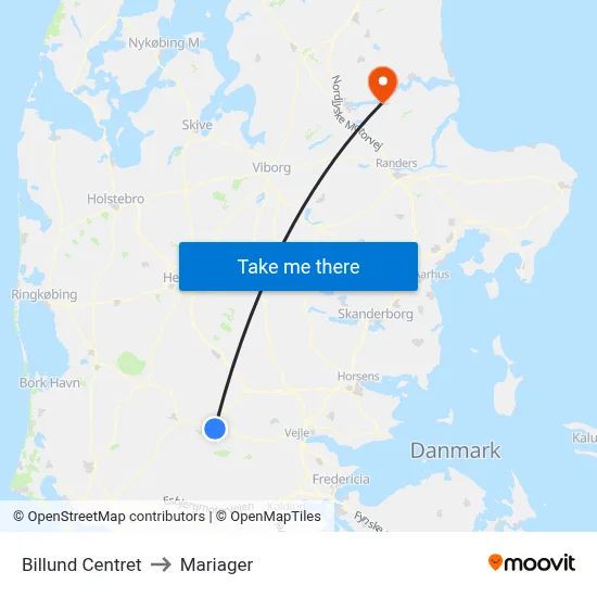 Billund Centret to Mariager map
