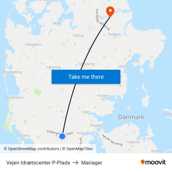 Vejen Idrætscenter P-Plads to Mariager map