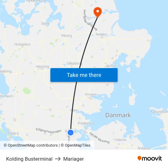 Kolding Busterminal to Mariager map
