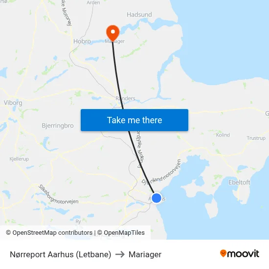 Nørreport Aarhus (Letbane) to Mariager map