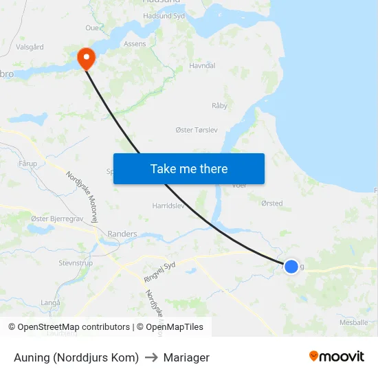 Auning (Norddjurs Kom) to Mariager map
