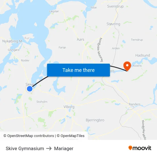 Skive Gymnasium to Mariager map