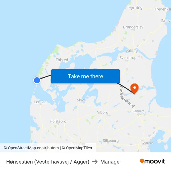 Hønsestien (Vesterhavsvej / Agger) to Mariager map
