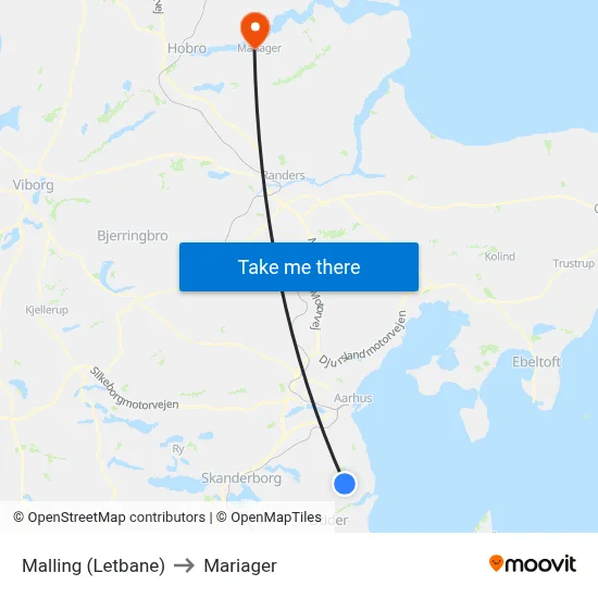 Malling (Letbane) to Mariager map