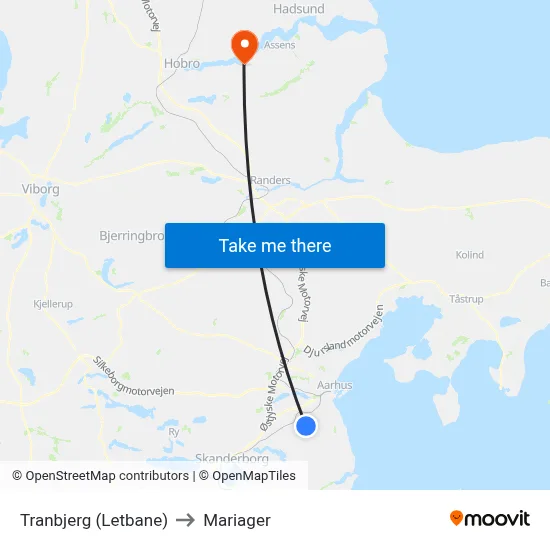 Tranbjerg (Letbane) to Mariager map