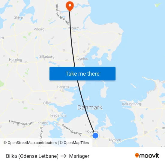Bilka (Odense Letbane) to Mariager map