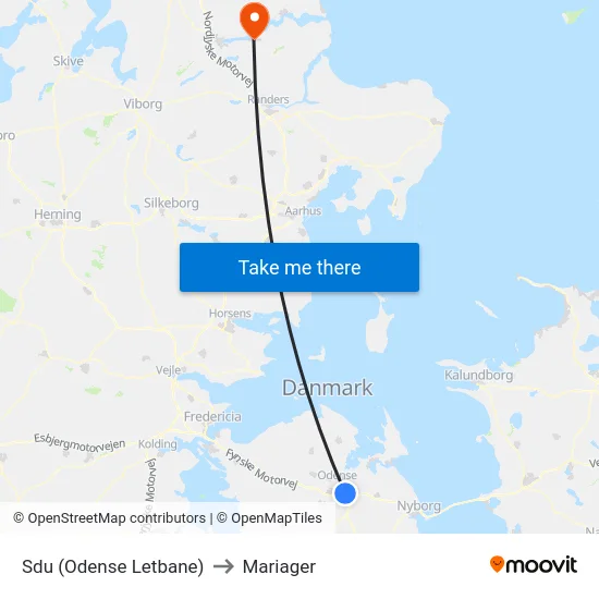 Sdu (Odense Letbane) to Mariager map