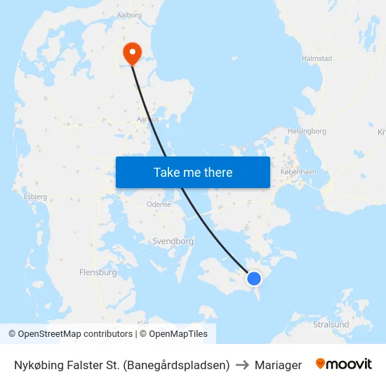 Nykøbing Falster St. (Banegårdspladsen) to Mariager map