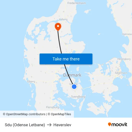 Sdu (Odense Letbane) to Haverslev map