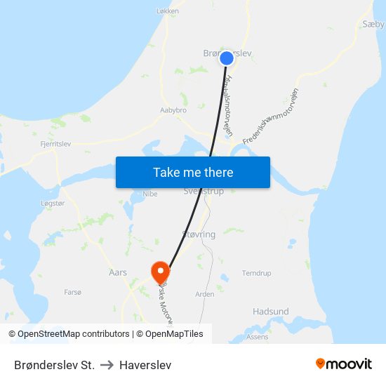 Brønderslev St. to Haverslev map