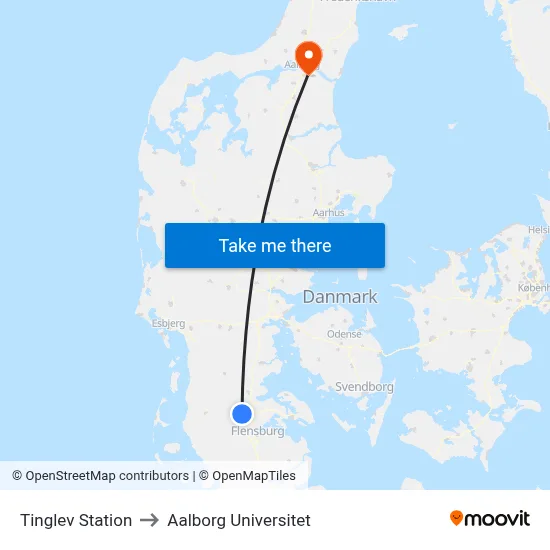 Tinglev Station to Aalborg Universitet map