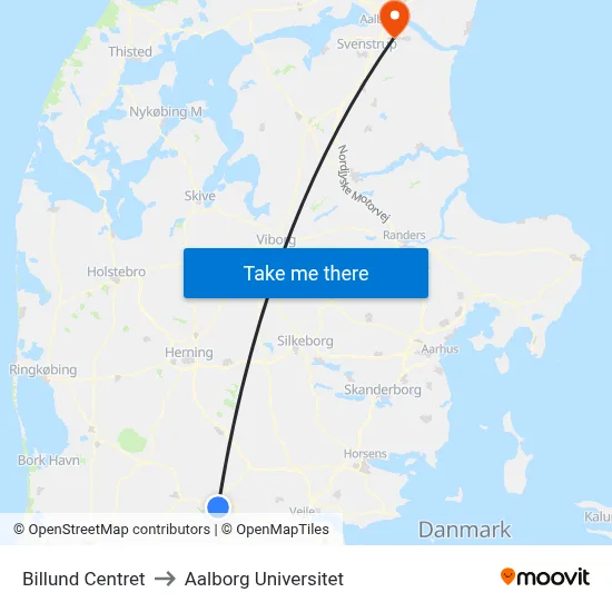 Billund Centret to Aalborg Universitet map