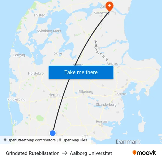 Grindsted Rutebilstation to Aalborg Universitet map