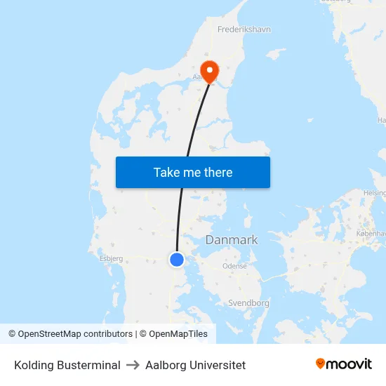 Kolding Busterminal to Aalborg Universitet map