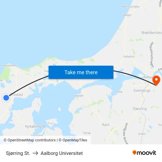 Sjørring St. to Aalborg Universitet map