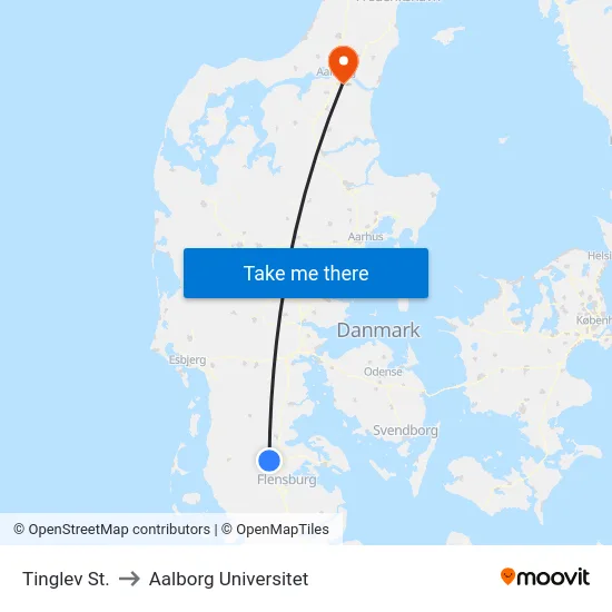Tinglev St. to Aalborg Universitet map
