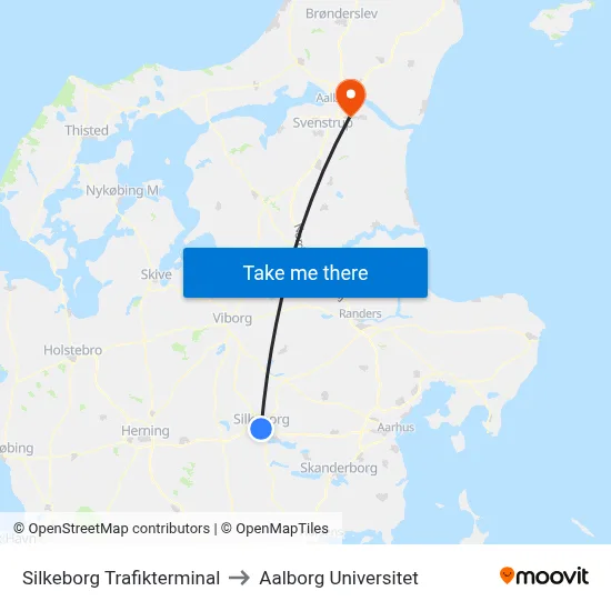 Silkeborg Trafikterminal to Aalborg Universitet map