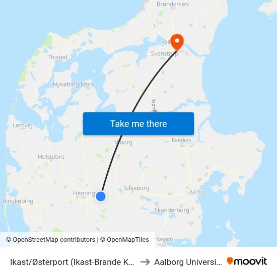 Ikast/Østerport (Ikast-Brande Kom) to Aalborg Universitet map