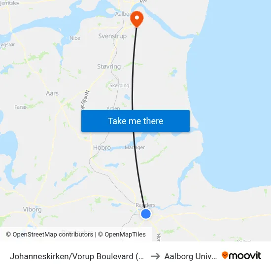 Johanneskirken/Vorup Boulevard (Randers Kom) to Aalborg Universitet map