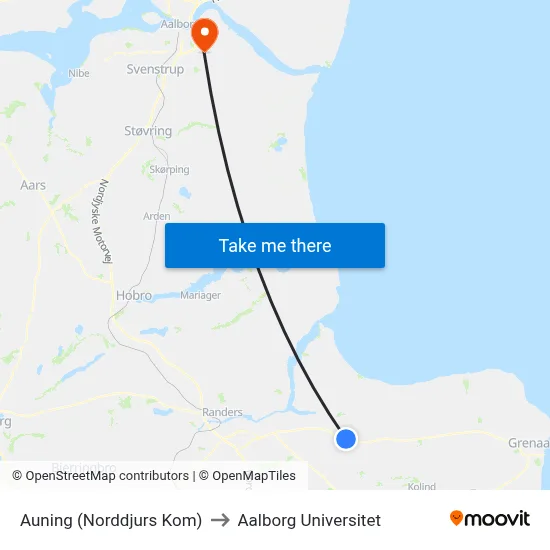 Auning (Norddjurs Kom) to Aalborg Universitet map