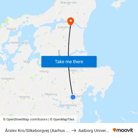 Årslev Kro/Silkeborgvej (Aarhus Kom) to Aalborg Universitet map
