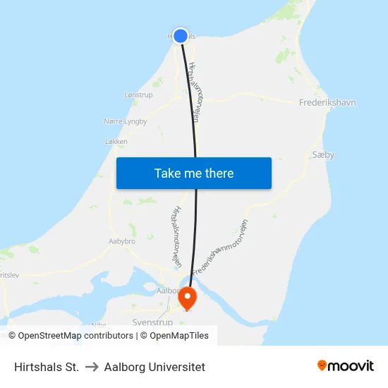 Hirtshals St. to Aalborg Universitet map