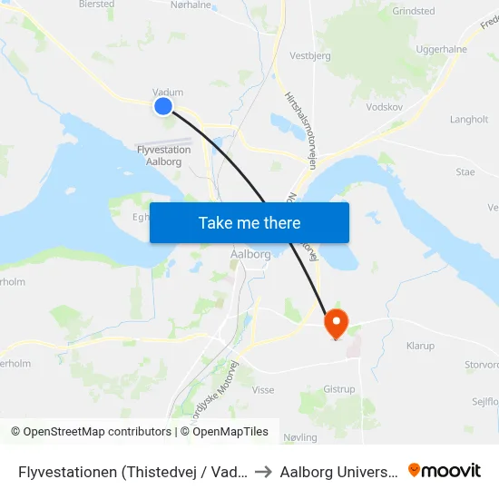 Flyvestationen (Thistedvej / Vadum) to Aalborg Universitet map