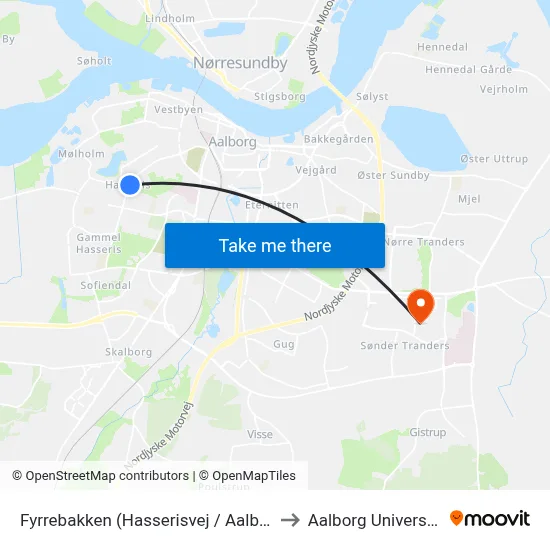 Fyrrebakken (Hasserisvej / Aalborg) to Aalborg Universitet map