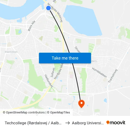 Techcollege (Rørdalsvej / Aalborg) to Aalborg Universitet map