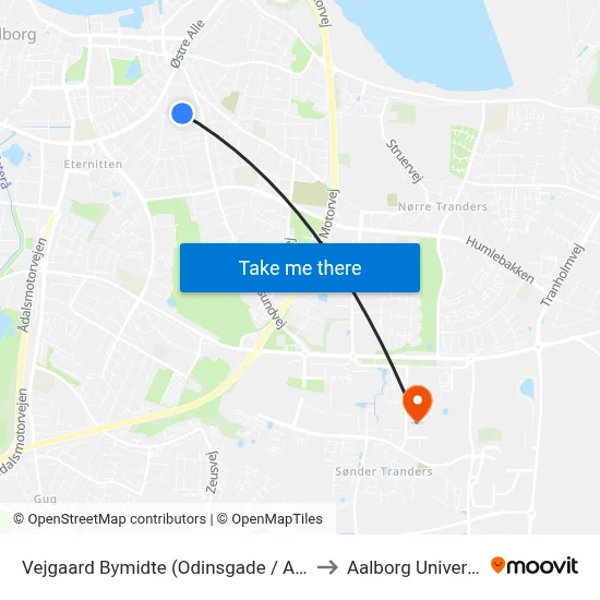 Vejgaard Bymidte (Odinsgade / Aalborg) to Aalborg Universitet map