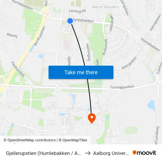 Gjellerupstien (Humlebakken / Aalborg) to Aalborg Universitet map