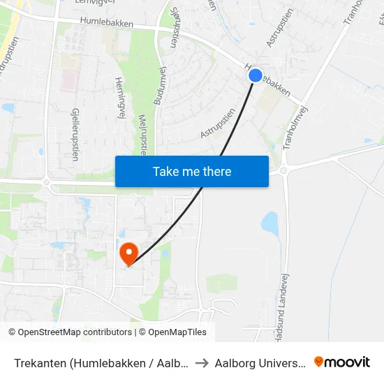 Trekanten (Humlebakken / Aalborg) to Aalborg Universitet map