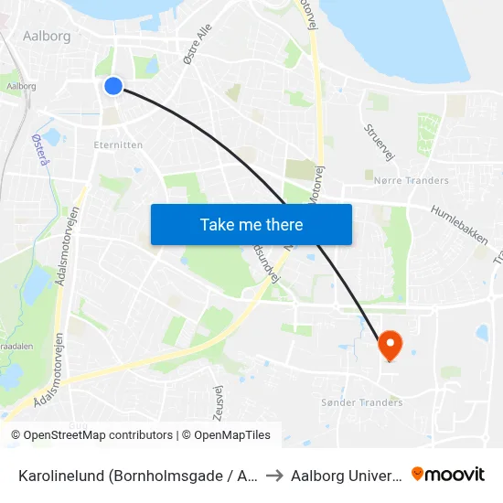 Karolinelund (Bornholmsgade / Aalborg) to Aalborg Universitet map