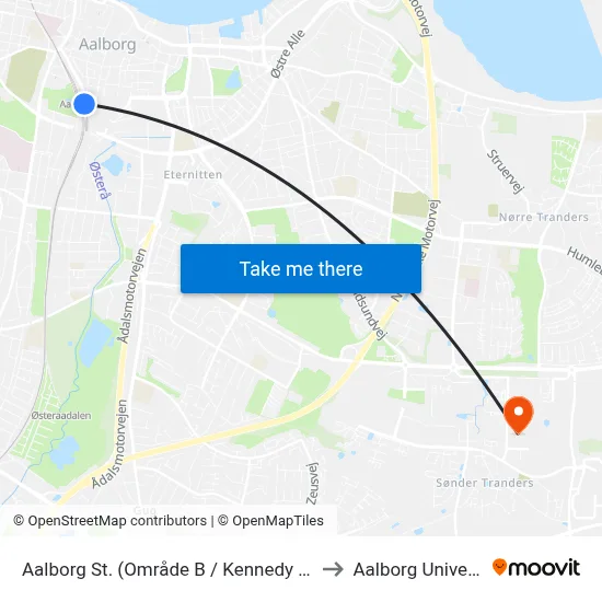 Aalborg St. (Område B / Kennedy Arkaden) to Aalborg Universitet map