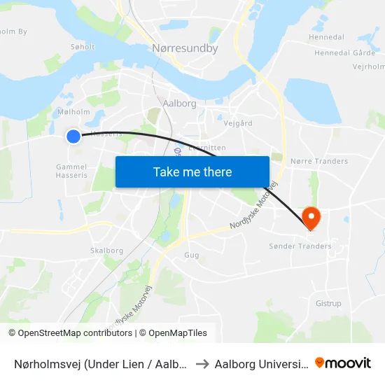 Nørholmsvej (Under Lien / Aalborg) to Aalborg Universitet map