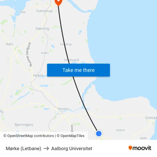 Mørke (Letbane) to Aalborg Universitet map